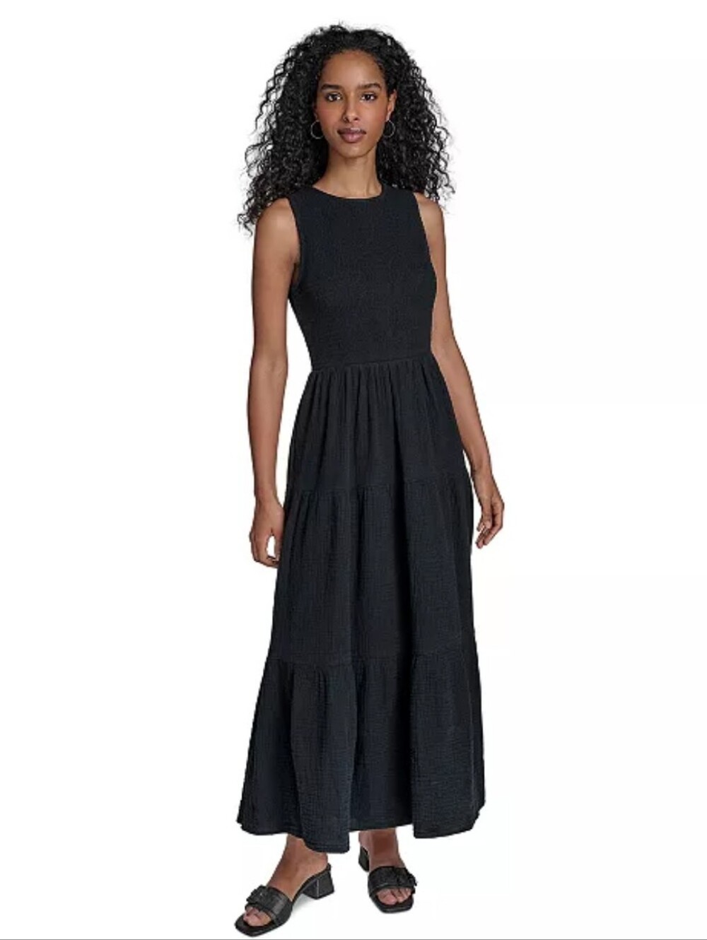 Calvin Klein Black Sleeveless Maxi Dress Size 16 Tiered Textured Boho Midi Maxi